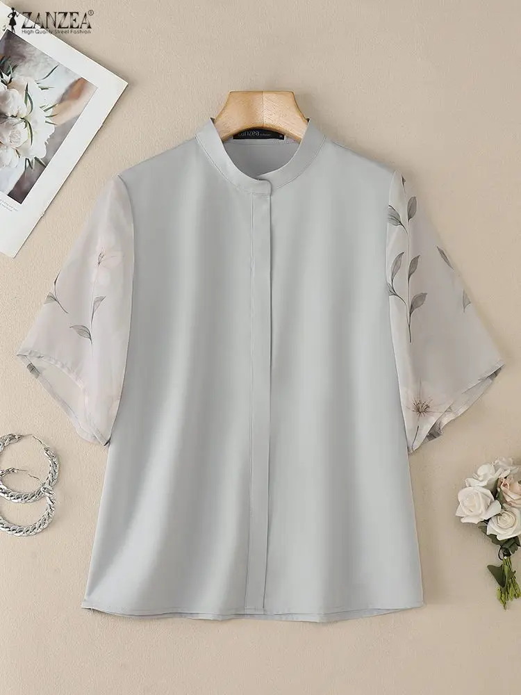 Damenblusen, elegantes Blumen-Chiffon-Patchwork, kurze Ärmel, Stehkragen, Hemden, Frühling 2026, Mode, ZANZEA, Damenkleidung, S-3XL