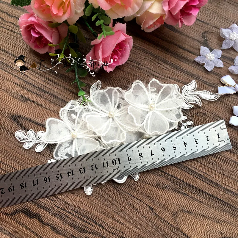 

2pcs Handmade Beaded Carbone Lace Flower Bride Headdress Wedding Dress Lace Fabric Appalique