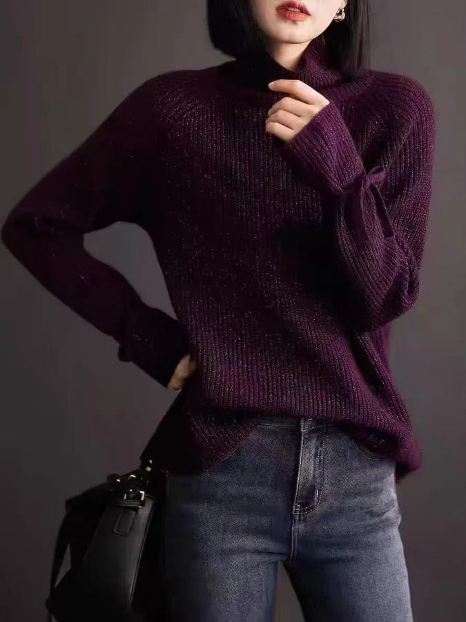 البومة تصميم الأرجواني عالية الياقة سترة المرأة ملابس داخلية قاعدة محبوك irt عادية Sle طويلة Sve الصوفية محبوك #3