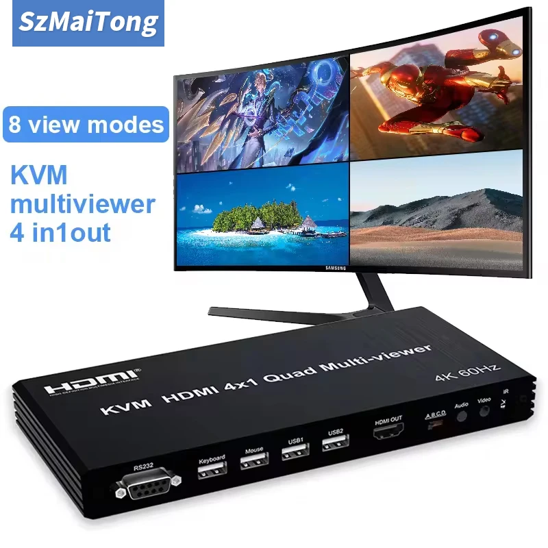 4K 60Hz HDMI Multiviewer KVM Switch 4x1 USB Quad Multi-Viewer PIP 90° 180° Flip for 4 PCs Share USB Keyboard and Mouse Control