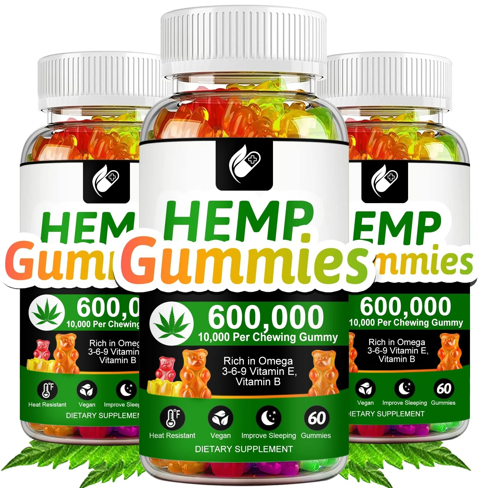 Contains Omega 3-6-9 Vitamin B, E Gummies - Stress Relief, Sleep, Mood, Skin, Nails, Focus, Joint Support, Non-GMO Supplement