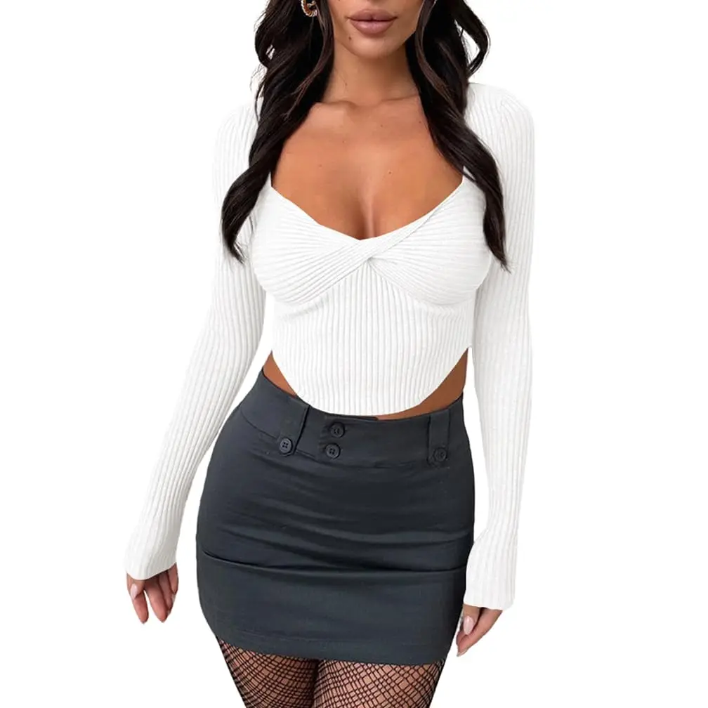 DZ-DZ Frauen sexy Twist Front gestrickt Crop Top Langarm Vierkant ausschnitt solide Slim Fit Pullover 90er Jahre y2k sexy gerippt Pullover Top