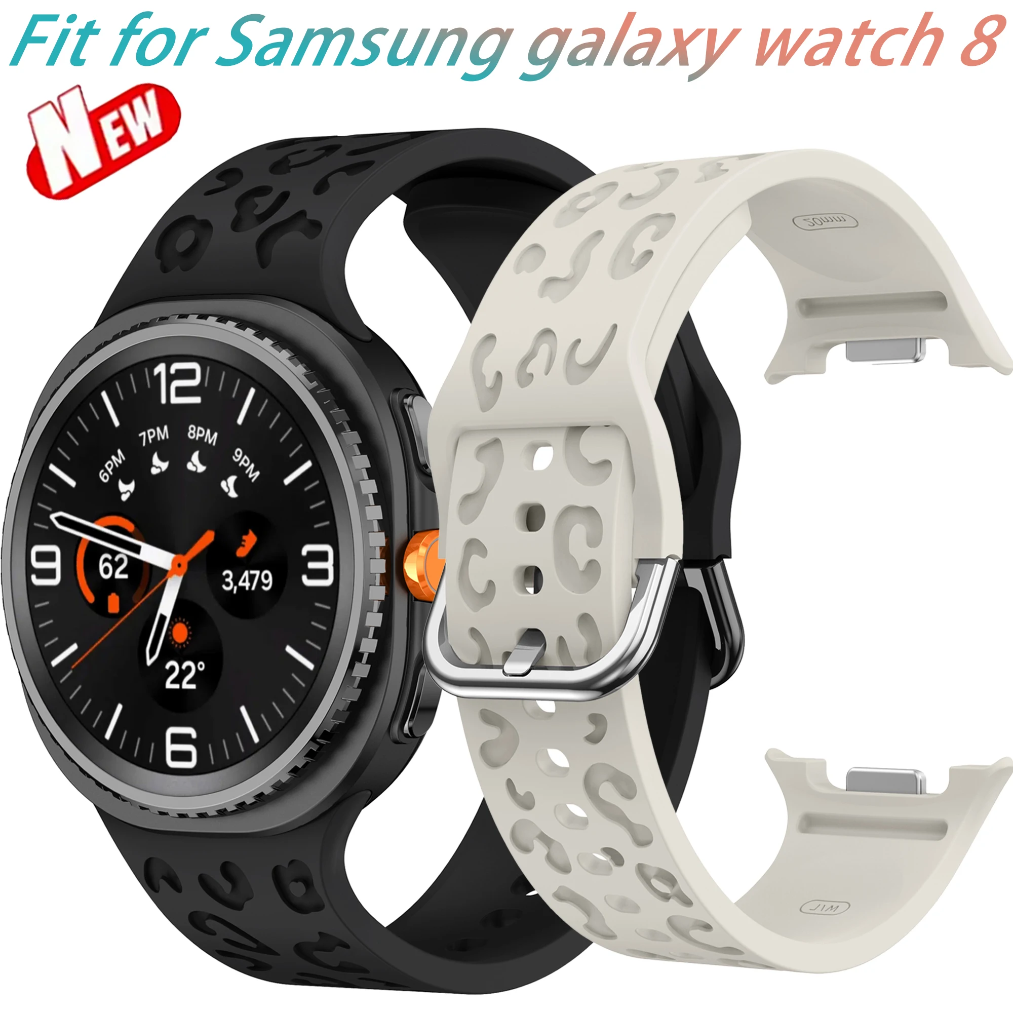 Leopard Print Silicone Watch Strap for Samsung Galaxy Watch 8 40/44mm 8 Classic 46mm Long Leopard Print Carved Waterproof Strap