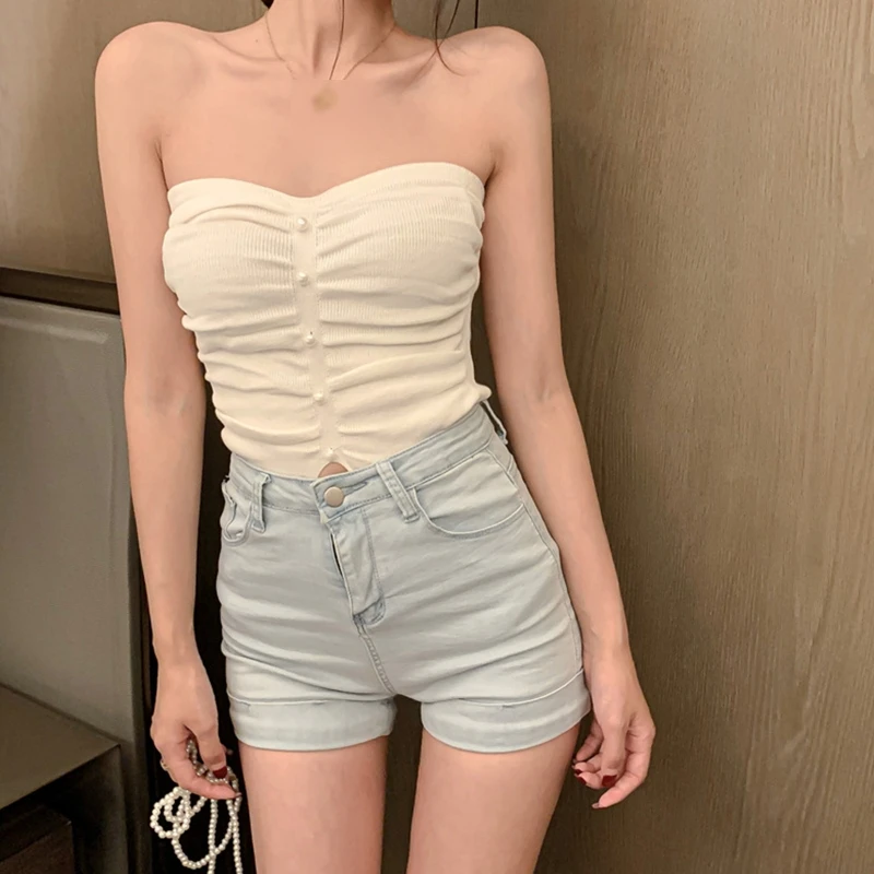 

Women Summer Strapless Pleated Ruched Crop Tube Top Sexy Off Shoulder Buttons Split Front Bandeau Solid Color Knitted Slim Fit