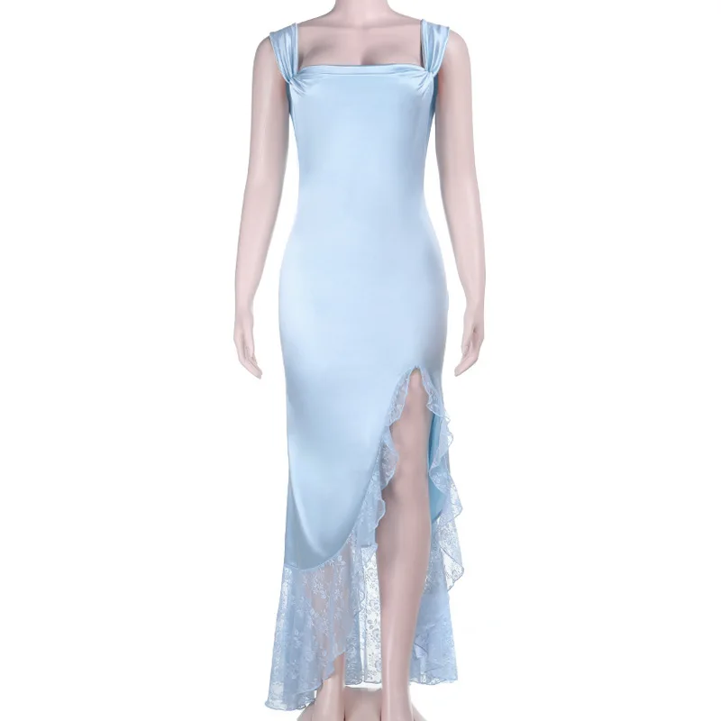 Ticketsx Sexy Satin dentelle robe fendue femmes Patchwork à lacets dos nu voir à travers mince robe longue élégante robes de soirée