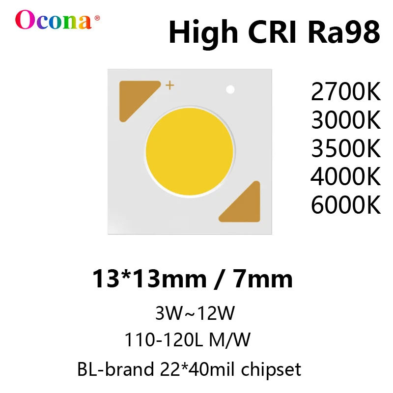 High CRI Ra98 COB LED Chip Array 1304 SDCM3 13 * 13 mm-7 mm Obiektyw 3 W ~ 12 W Ciepłe białe chipy do lamp SpotLight Downlight Akcesoria