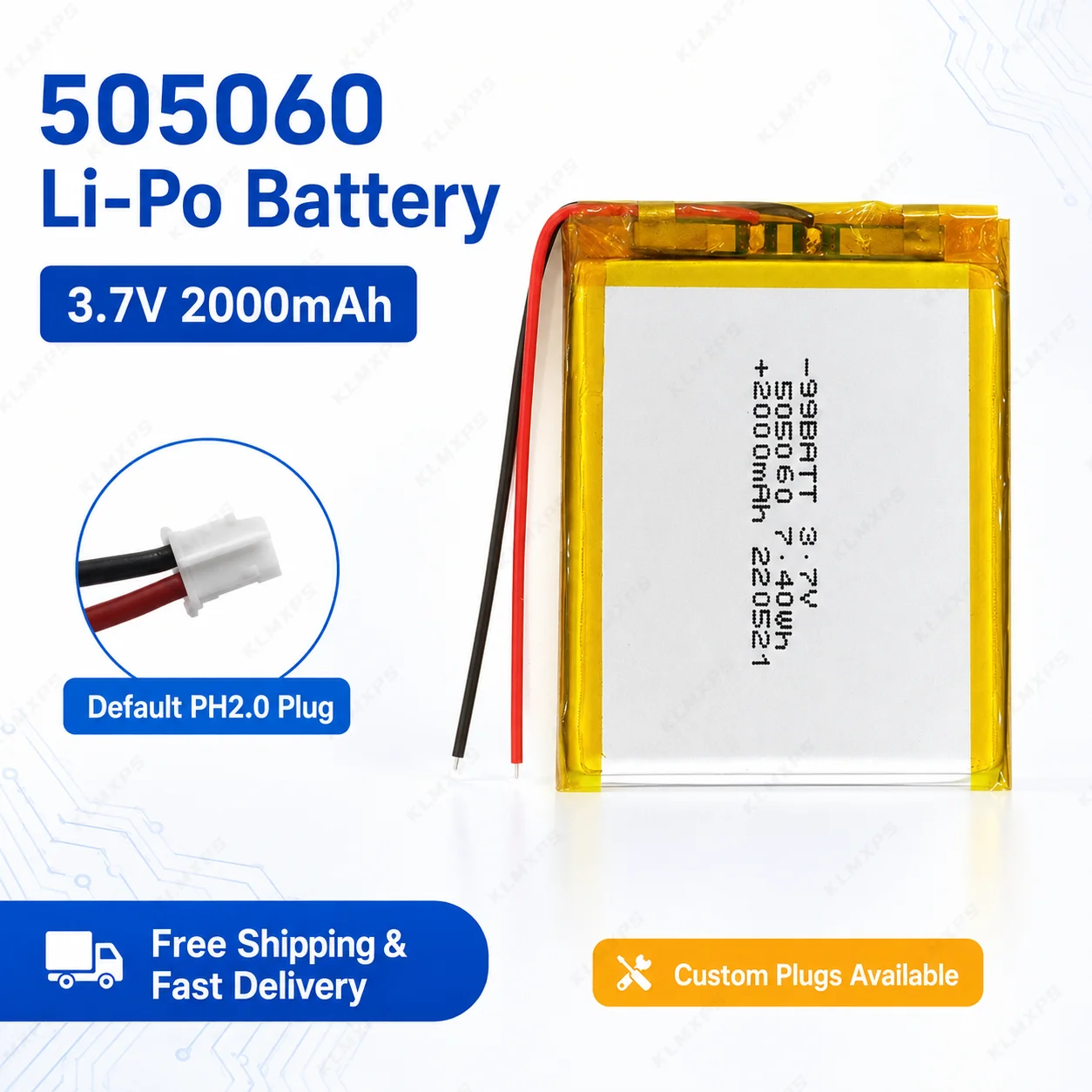 

3.7V 505060 2000mAh Rechargeable Lithium Polymer Battery PH2.0 2P Connector For GPS Locator LED Light Bluetooth Speaker