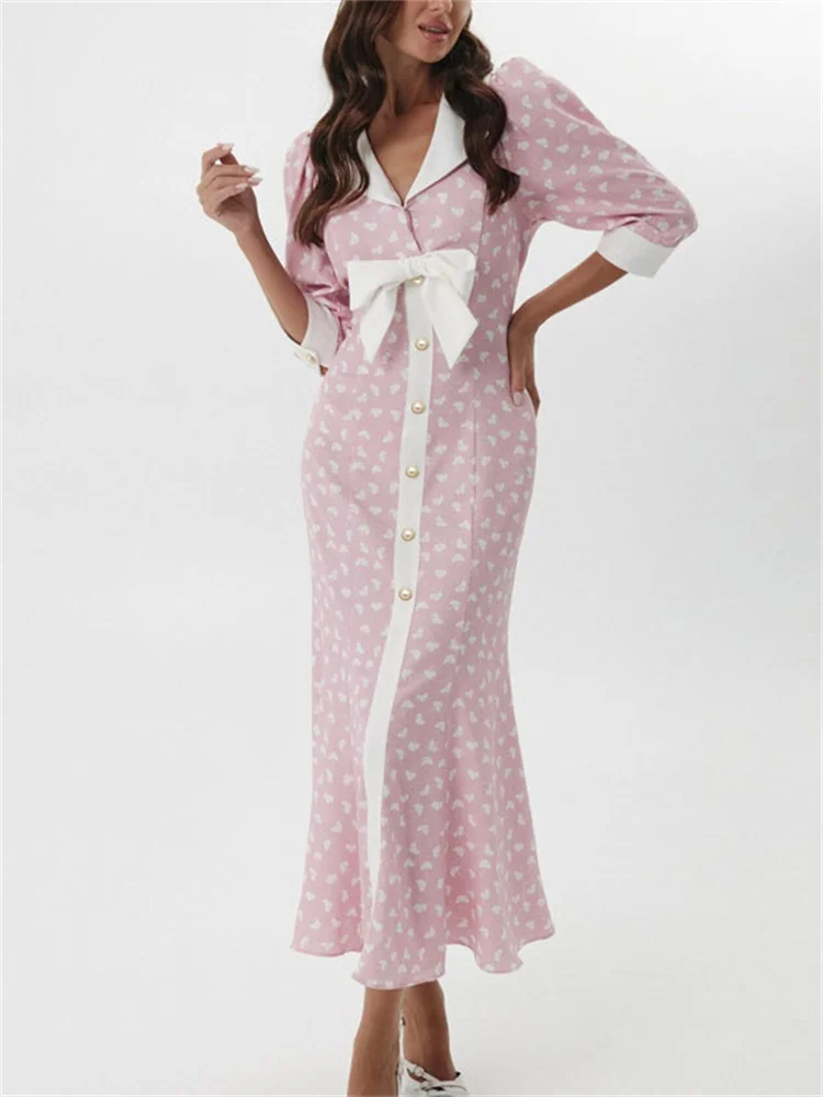 

Pink Bow Print Maxi Dresses Women V-neck Single Breasted Patchwork Half Sleeve Long Dress Summer Elegant Casual Fashion Vestidos