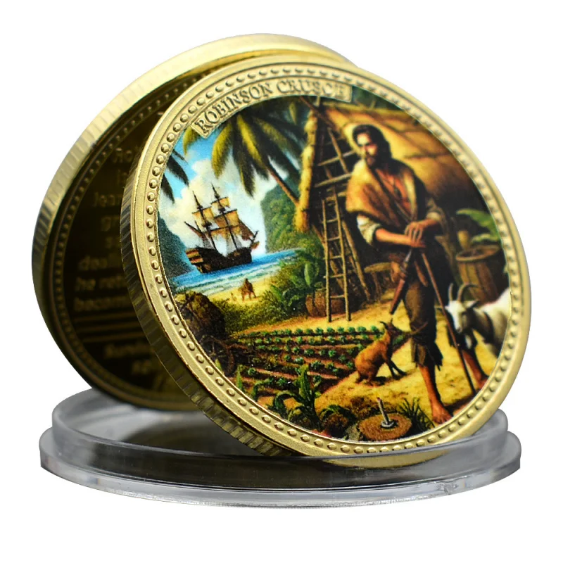 Robinson Crusoe Golden Commemorative Coin, Decorative Item, Props, Metal Badge, Medallion