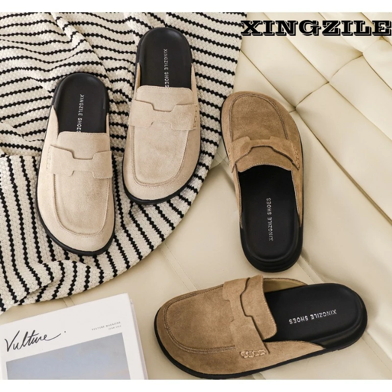 

Ladies' leather head-covered half-covered slippers, 2026 new style, soft to wear, thick sole, slip-on slippers