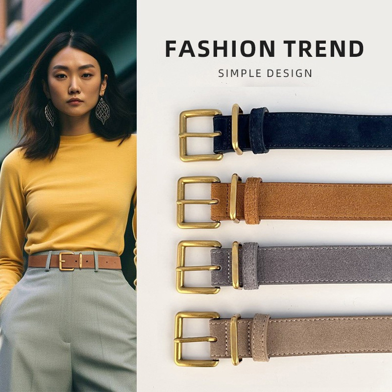 Luxury Double Genuine Leather Belt forWomen Cowhide Suede Belts withTrendy Square Alloy Buckle ldeal forDresses and Jeans