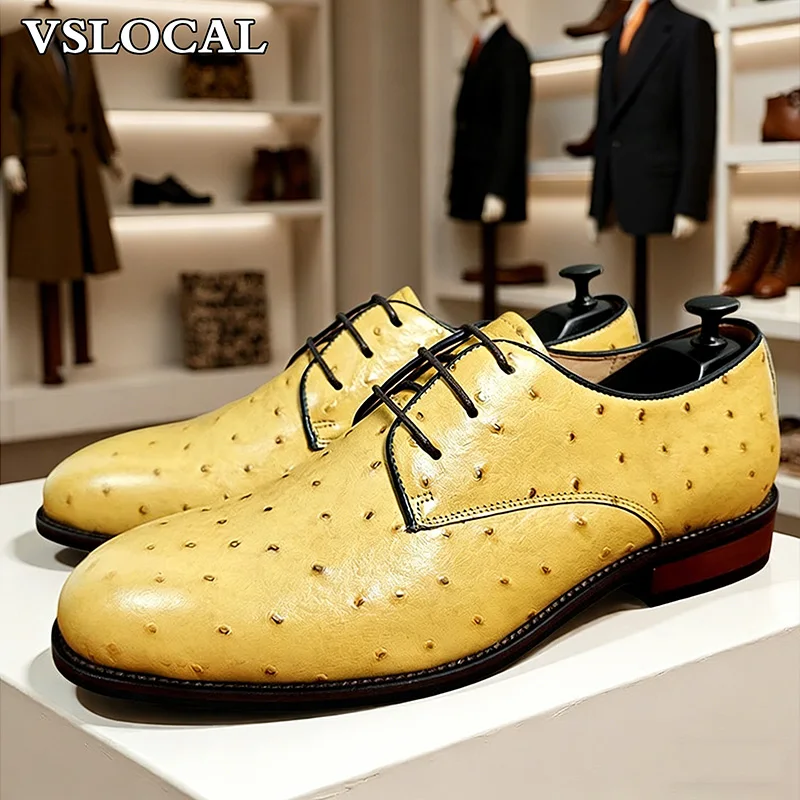 Italian Men's Luxury Shoes Lace-up Ostrich Prints Casual Dress Mens Derby Shoes Office Wedding Genuine Leather Shoes Men