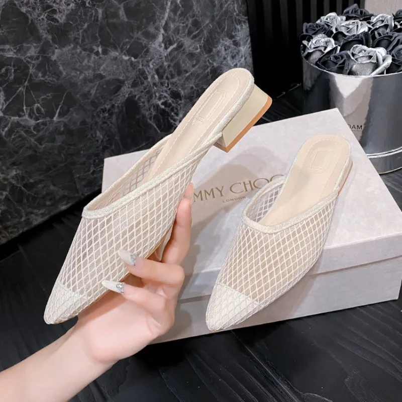 

Women's Pointed Toe Slippers 2026 Summer Designer Mesh Beach Flat Shoes Slides Outside Mules Gladiator Sandals Zapatos De Mujer