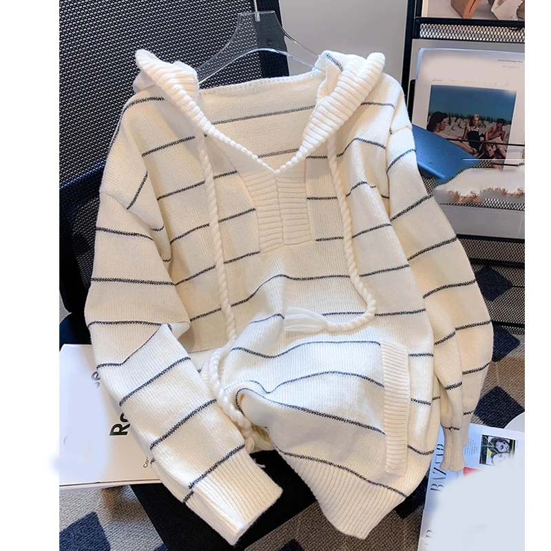 

New Fashion Striped Knitwear Hooded Women Sweater Long Sleeve Pullover Casual Office Top Sweet 2025 Autumn Winter Loose Clothing