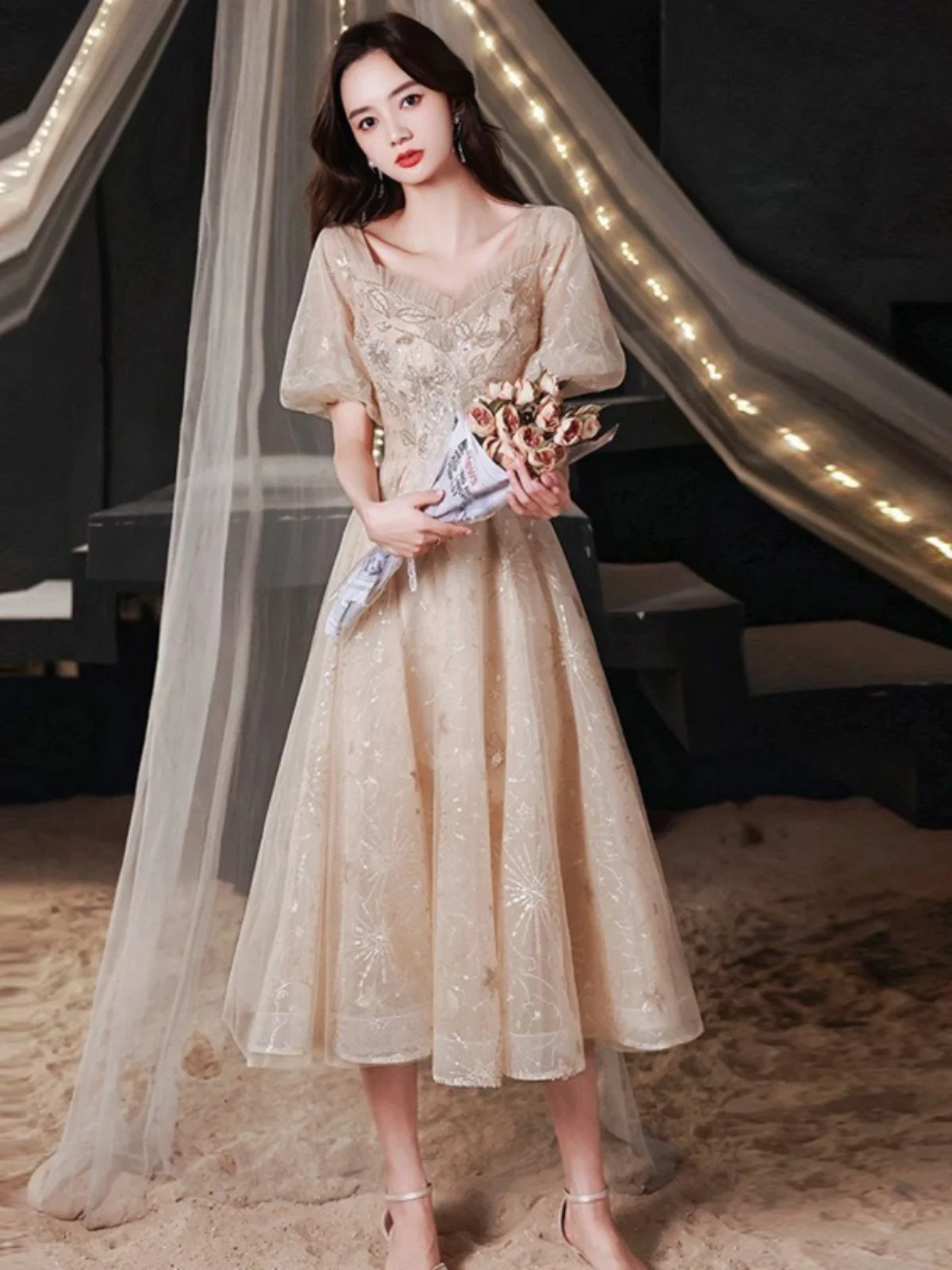 

Princ Sle Fairy Princ Dr Music Exam Ceremony Dr Long A-Line Skirt ort Sve Bright Sequin Detail Polyester F...