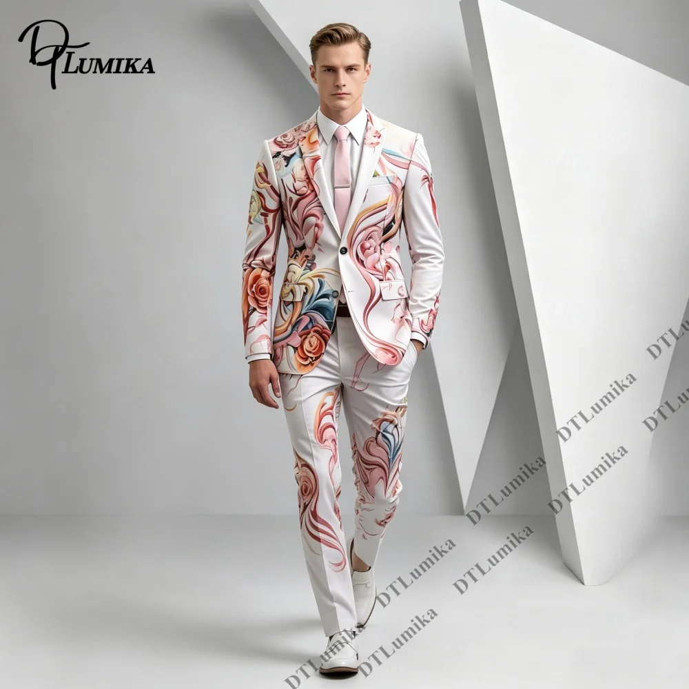 Men 2 Piece Suit Blazer Matching Long Trousers White Base Romantic Gradient Rose Fluid Swirl Printed Photoshoot Performance