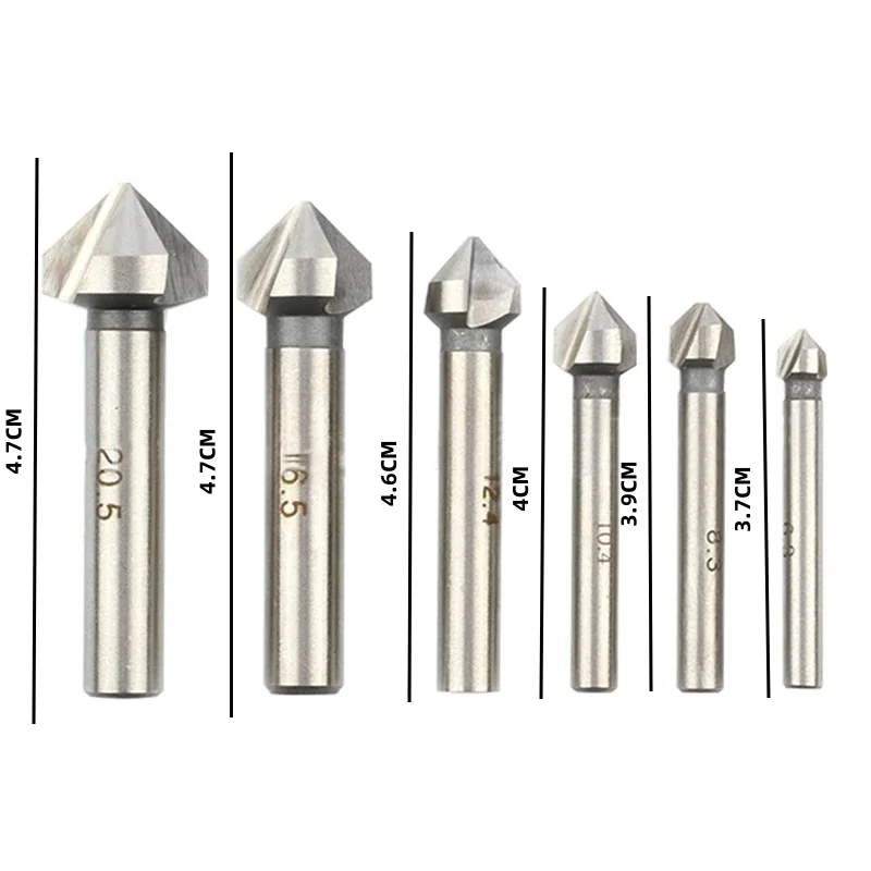 6pcs/set Box 6.3-20.5mm Chamfering End Mill Cutter 3 Flute Round shank 90 Degree HSS Countersink Deburring Tapered Drill Bit