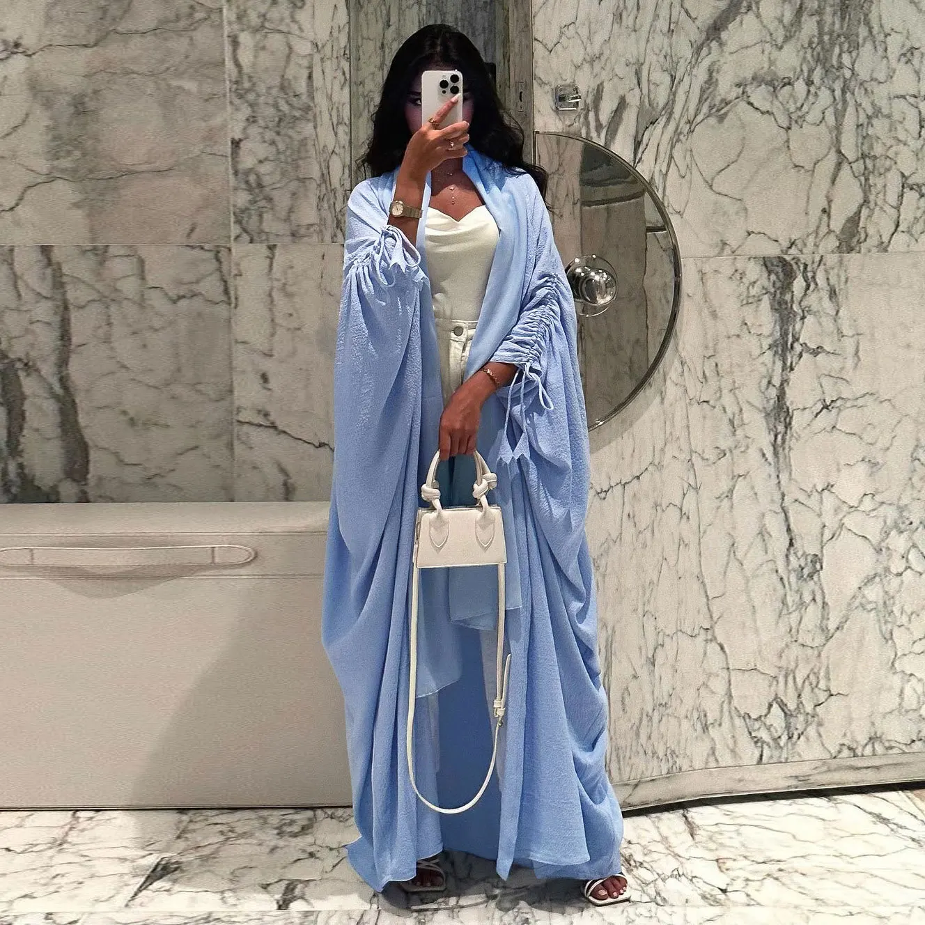 

Лидер продаж, женский мусульманский кафтан Абая с регулируемыми рукавами, макси-длина, платья для Рамадана, джилбаб, верхняя одежда с открытой передней частью, кардиган, пальто