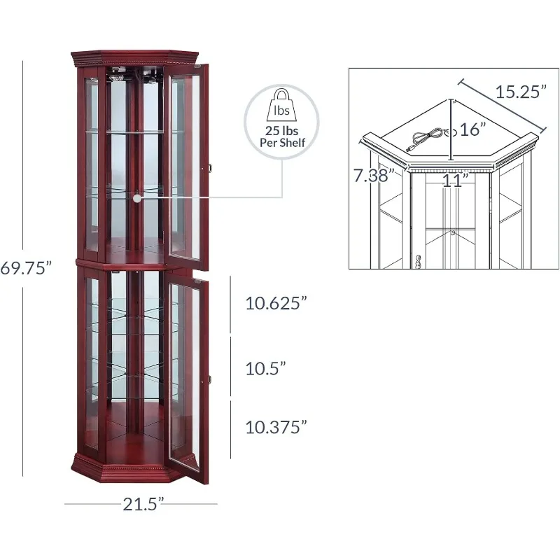 Lighted Wooden Corner Display Curio Cabinet,Two Section Shelving Unit with Tempered Glass Door Bar Liquor Storage Area 6 Shelves