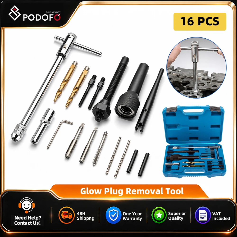 Podofo 16-teiliges Glühkerzen-Entferner-Set, Glühkerzen-Ausbauwerkzeug, 8/10mm Gewinde-Reparaturbohrer, Zündkerzen-Abstandshalter-Extraktor für Zylinderköpfe 0,3" 0,4" Glühkerzen-Entferner-Kit