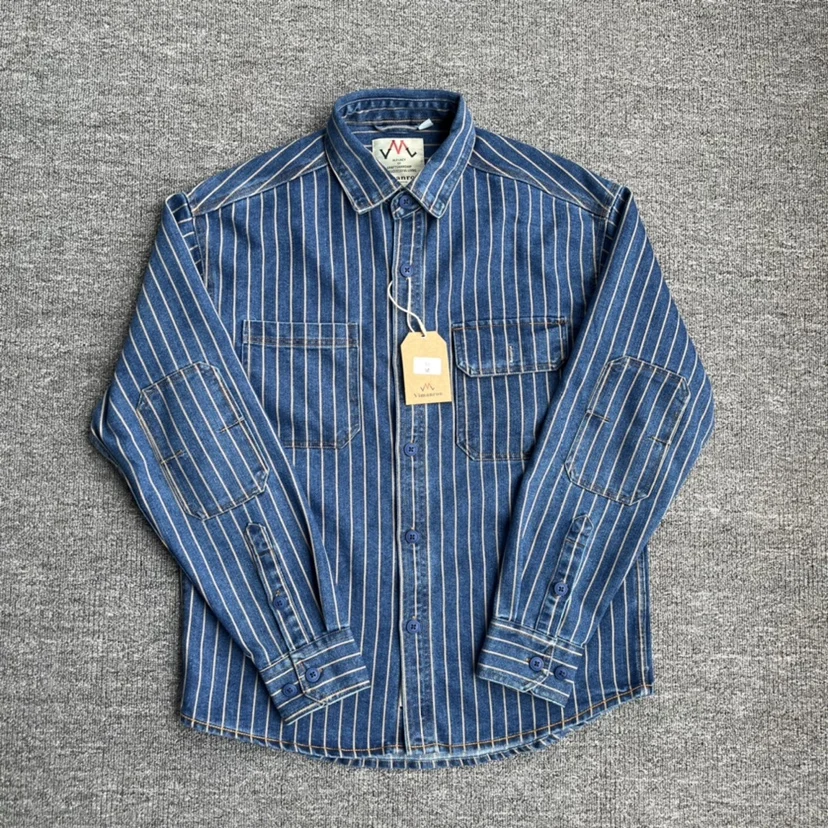 Spring Autumn Off Shoulder Striped Workwear Shirt for Men Heavyweight American Amekaji Elbow Patch Long Sleeve Denim Shirt Coats