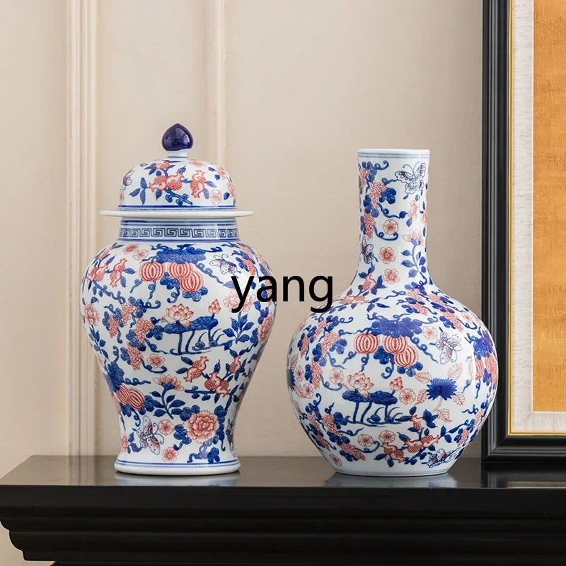 LMMJingdezhen ceramic blue and white porcelain underglaze red vase living room entrance bogu frame decoration