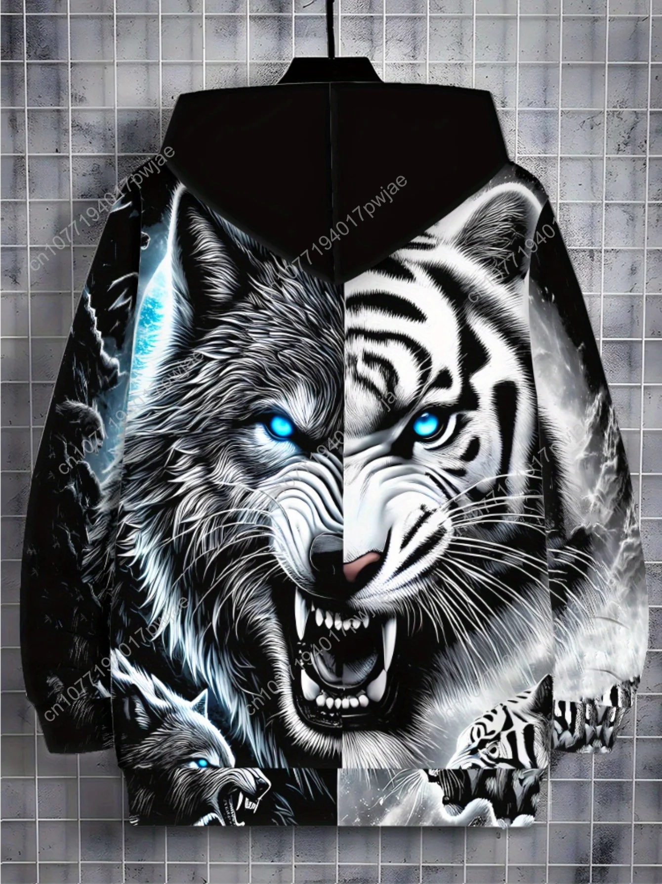 Gorra deportiva de manga larga con cremallera para hombre, sudadera con capucha con estampado de tigre para actividades al aire libre, tela de poliéster duradera, color blanco y negro