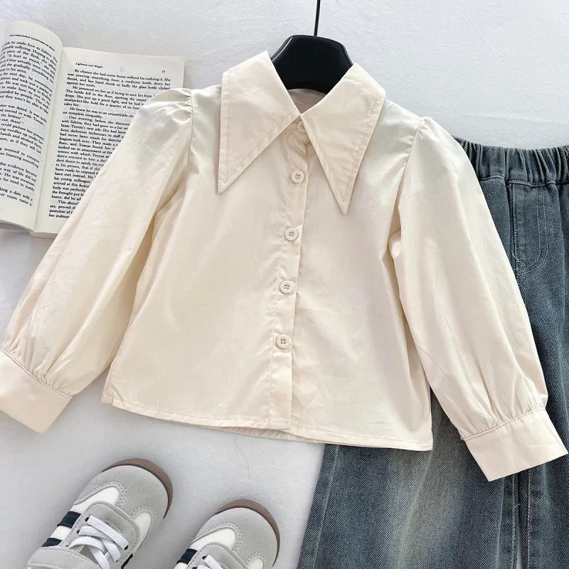 

2025New Girls' Denim Vest Shirt Long Pants Three-Piece Set with Lace Collar Long Sleeve Versatile Wide-Leg Pants