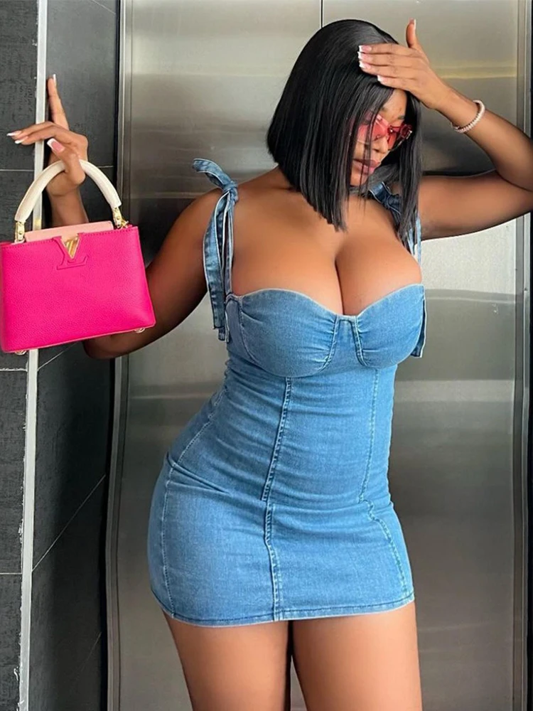 Curvy Womens Denim Dress V Neck Strapless Sexy Mini Dresses Tight Night Club Sexy Hot Woman Dress Summer Wholesale Dropshipping