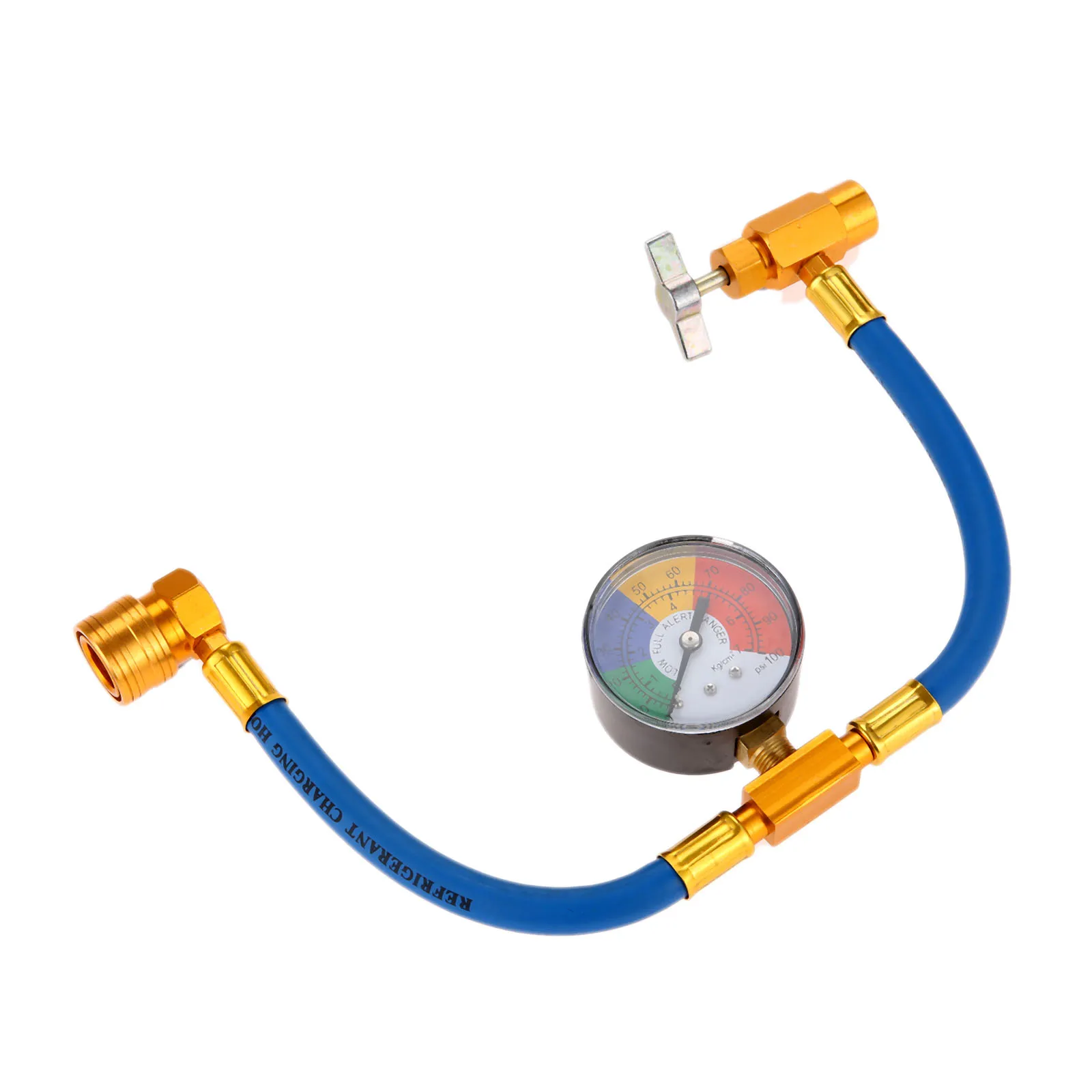 R134A AC Refrigerant Charge Hose 1/2” Acme Can Opener Tap Dispensing Piercing Valve and Recharge Hose with 100psi Pressure Gauge