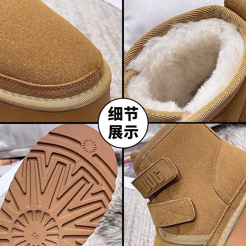 Winter Outdoor Women Ankle Snow Boots Ladies Plush Warm Shoes Classic Ultra Platform Cow Suede Furry Hook & Loop Flat Booties