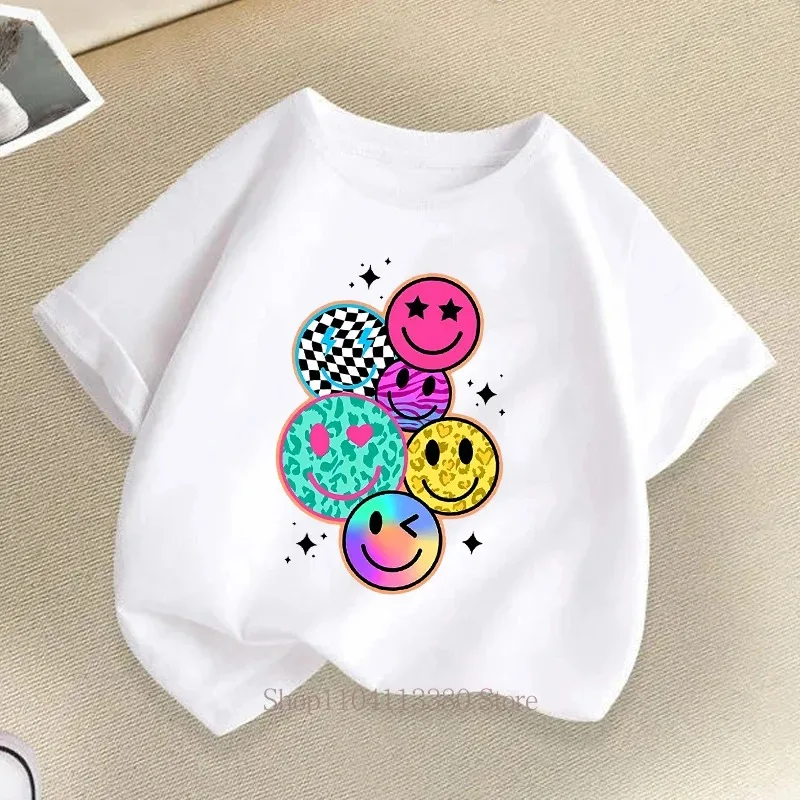 Cartoon smiley face printed t-shirts for kids, summer t-shirts for kids, fun and colorful casual short-sleeve t-shirts