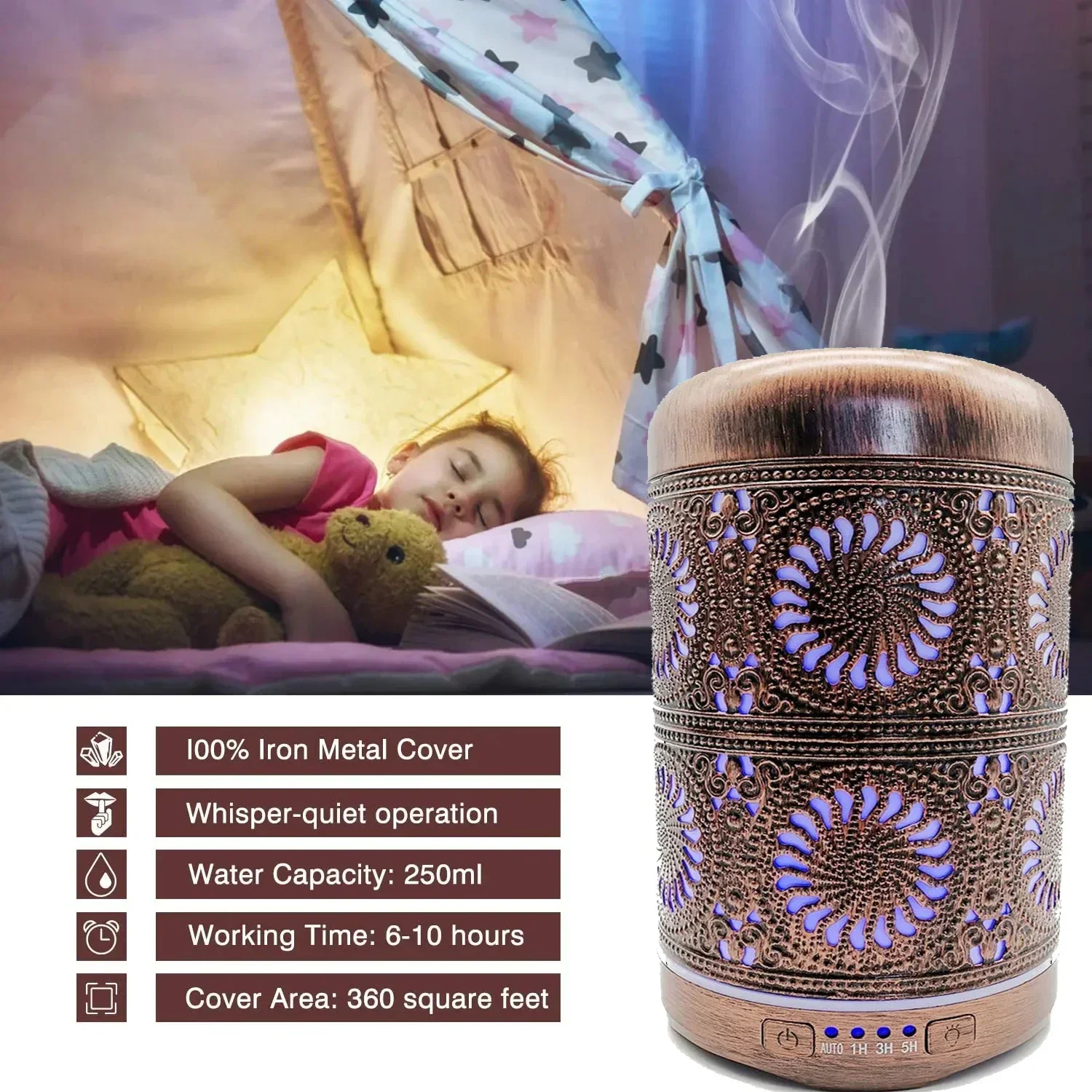 Air Humidifier Aromatherapy Essential Oil Diffuser Red Bronze Metal Mist Maker 7 Color Lights Change Lamp for Home Office SPA