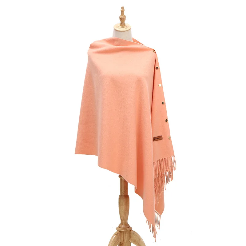 Spring Autumn Women Imitation Cashmere Lady Shawl Warm Pure Color Tassel Cloak Shawl Scarf Dual Purpose Poncho Capes Pink