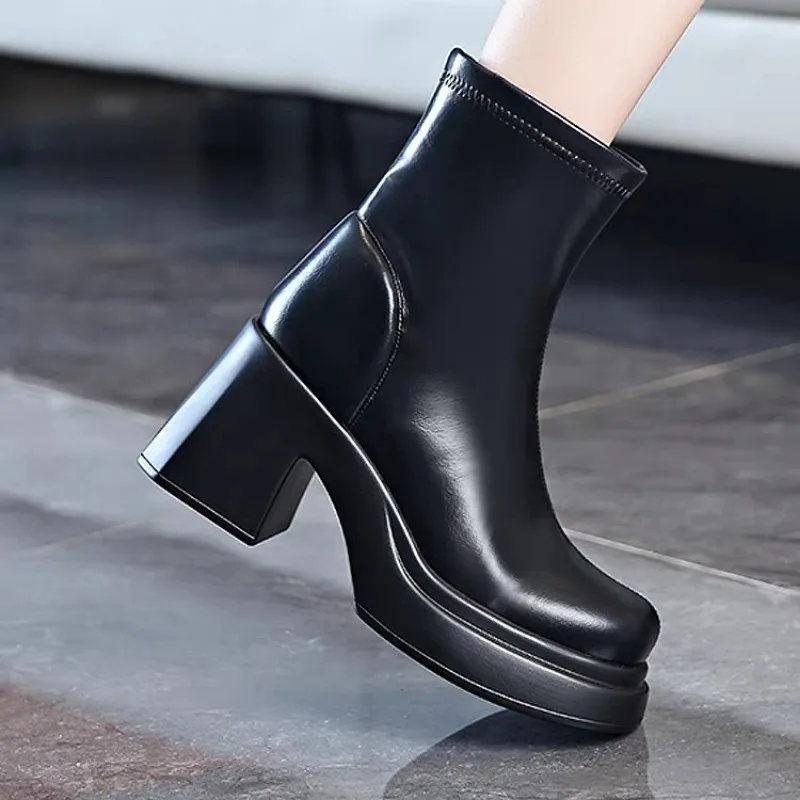 PU Leather Chunky Platform Ankle Boots Women Back Zipper Thick Heeled Short Boots Woman Super High Heels Black Punk Shoes Ladies