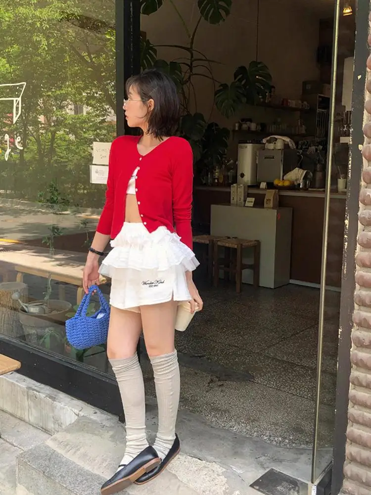 Arnapan Sweet And Spicy Girl Lace Splice Net Gored Skirt Waist Match Drawstring Pleated  Korean Style Scarf for Youth
