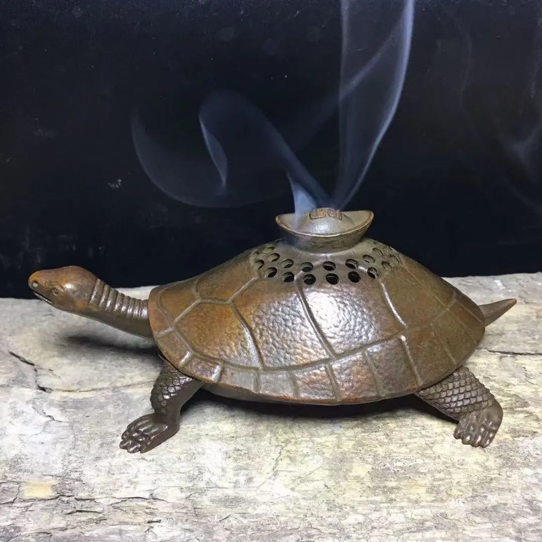 Vintage Fortune Ingot Turtle Incense Burner Copper Tortoise Censer Home Tea Table Aroma Ornament Curio Collectible Decor