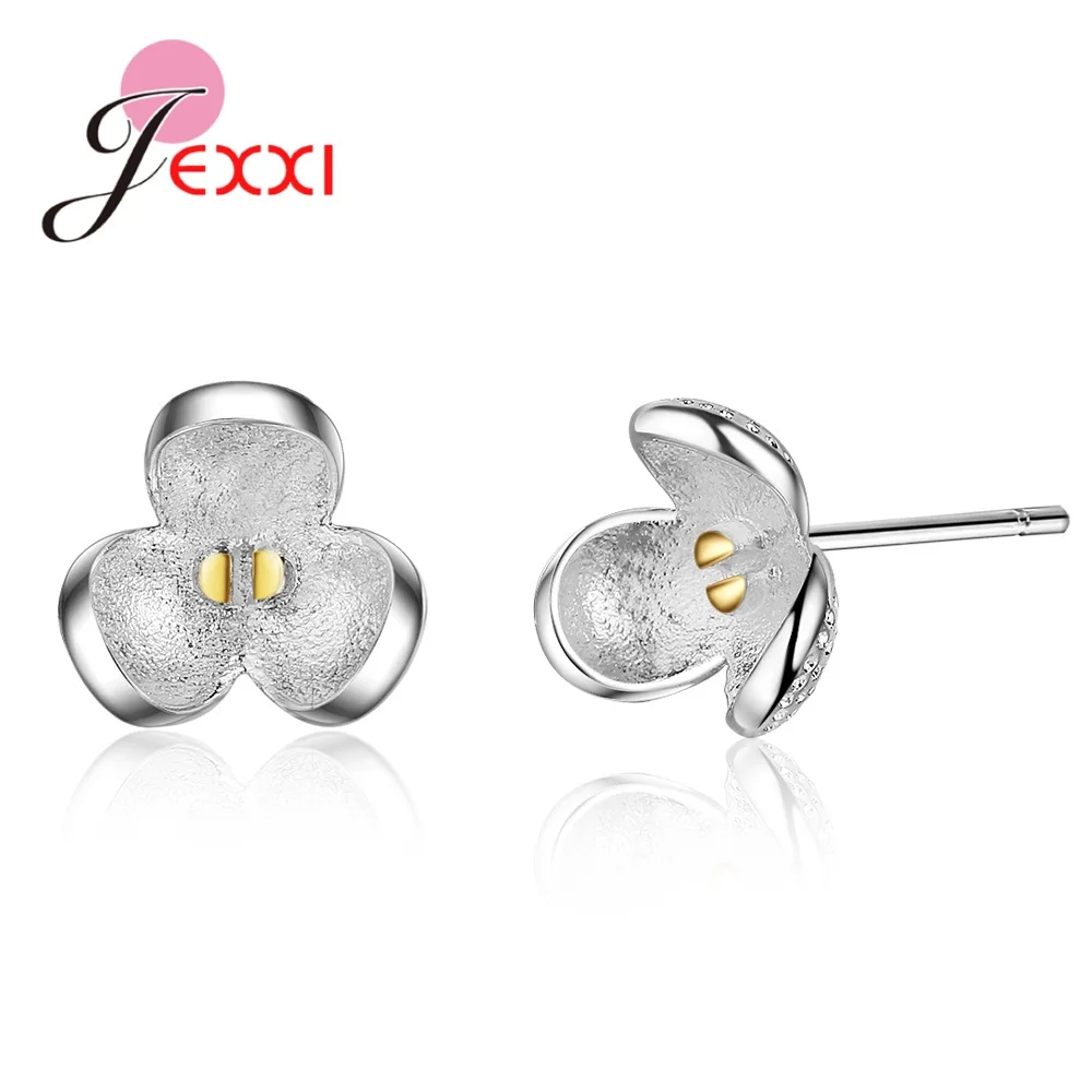 

1 Newest Genuine 925 Sterling Silver Jewelry 3 leaves Flower Shaped Stud Earrings Lovely Women Part Accessory Nice Gifts