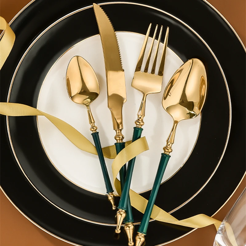 

New High Quality 304 Stainless Steel Green Gold Cutlery Set Golden Flatware Set For 6 Tableware Dinnerware Dishwasher Safe