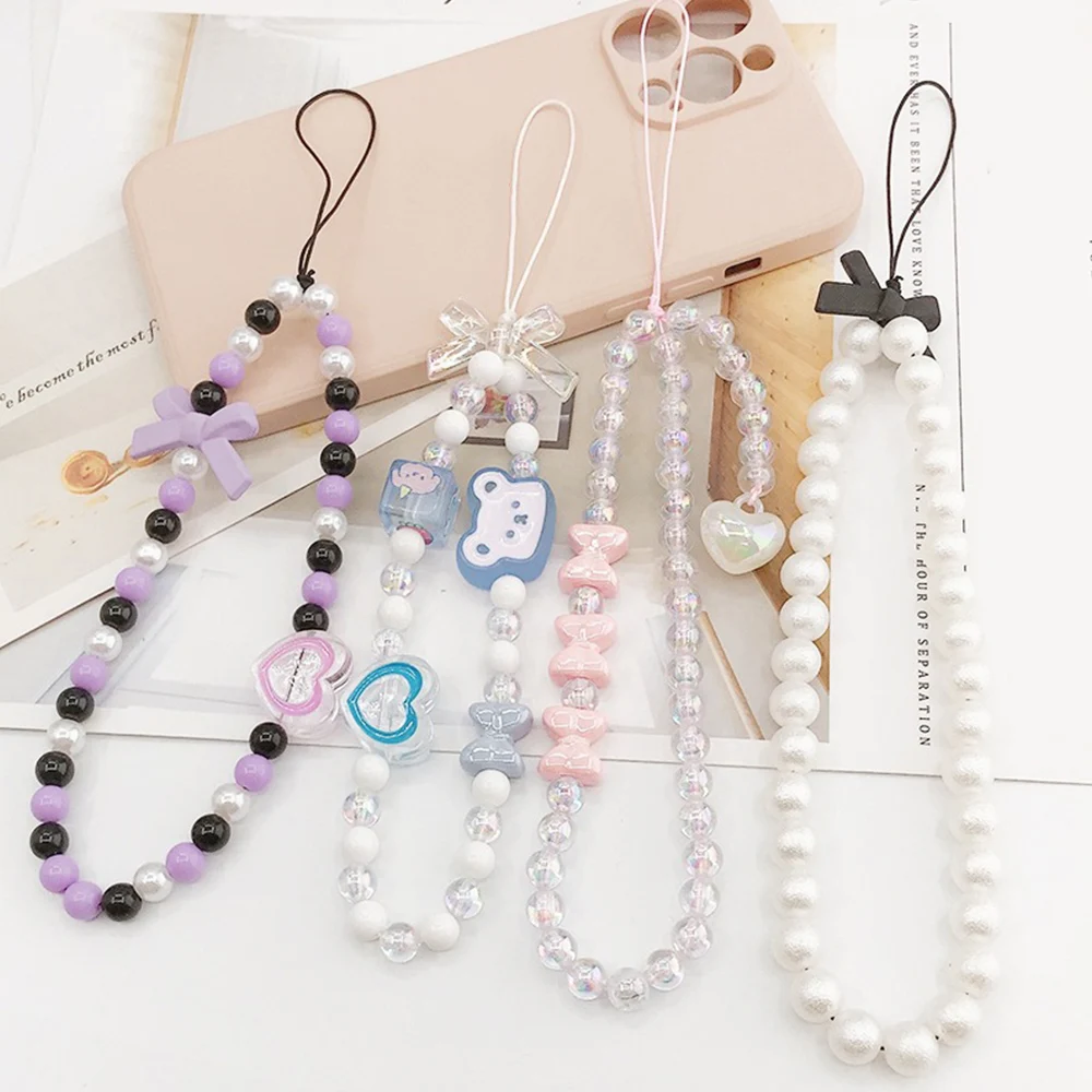 Cute Bear Bow Knot Mobile Rope Keychain Lanyard Phone Beaded Chain Handstring Pendant Wallet Strap Short Anti Drop Acrylic