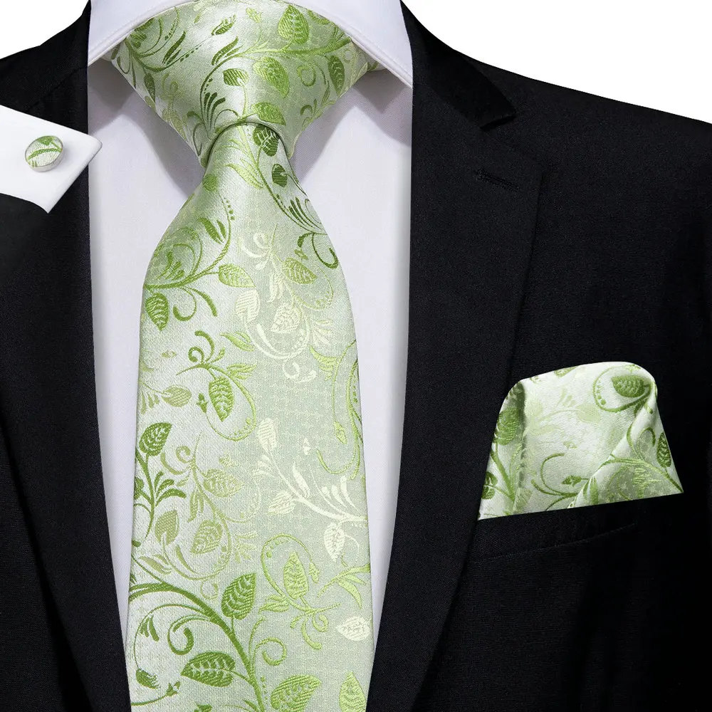 Hi-Tie Men Tie Grass Green Ties Floral Necktie Boutonniere Handkerchief Cufflinks Set Wedding Cravat for Groom 8.5 cm