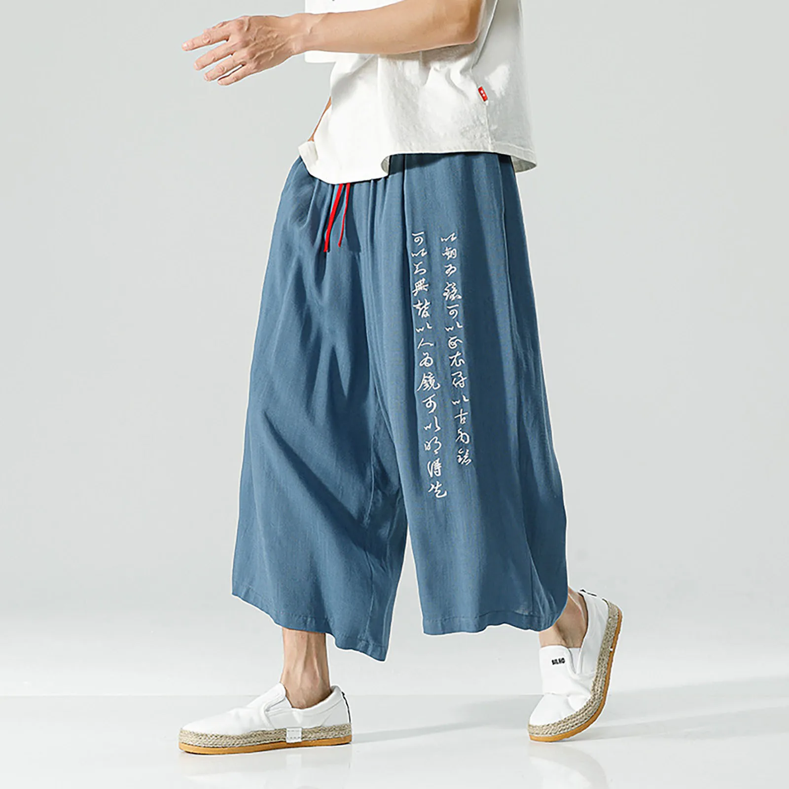 Chinese Calligraphy Embroidered Men's Wide-legged Pants Summer Cotton Linen Straight-legged Pants Japanese Retro Casual Pants