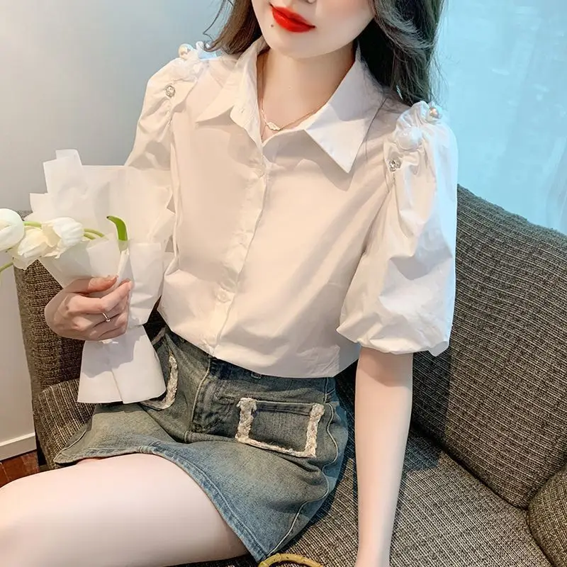 Fashion Solid Color Short Sleeve Shirts Tops Summer 2024 New Korean Commuter Polo-Neck Button Patchwork Beading Women\'s Blouses