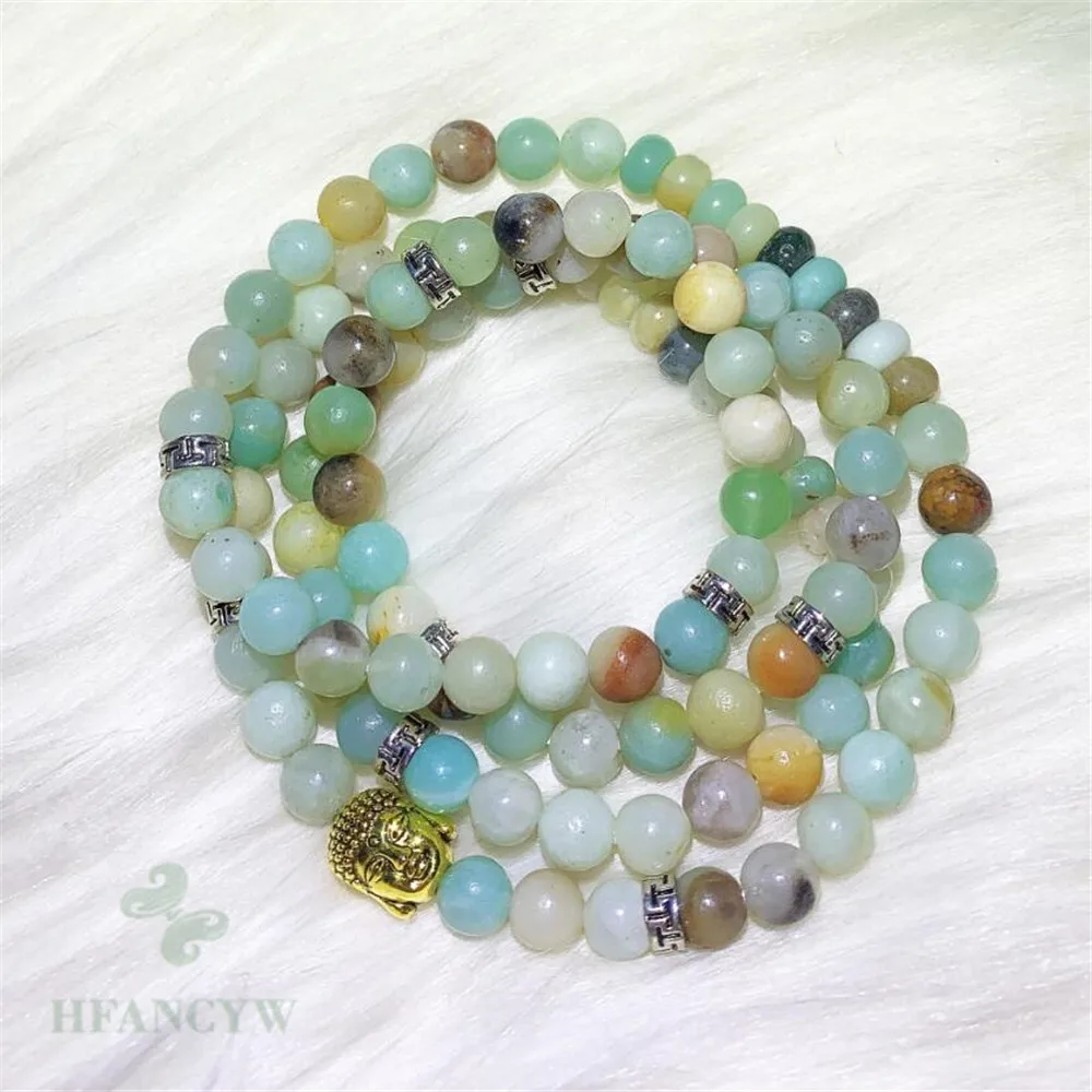 

6mm smooth Amazonite stone gold Buddha head 108 beads Mala bracelet Women Unisex Mala Peace Beaded Charm Men