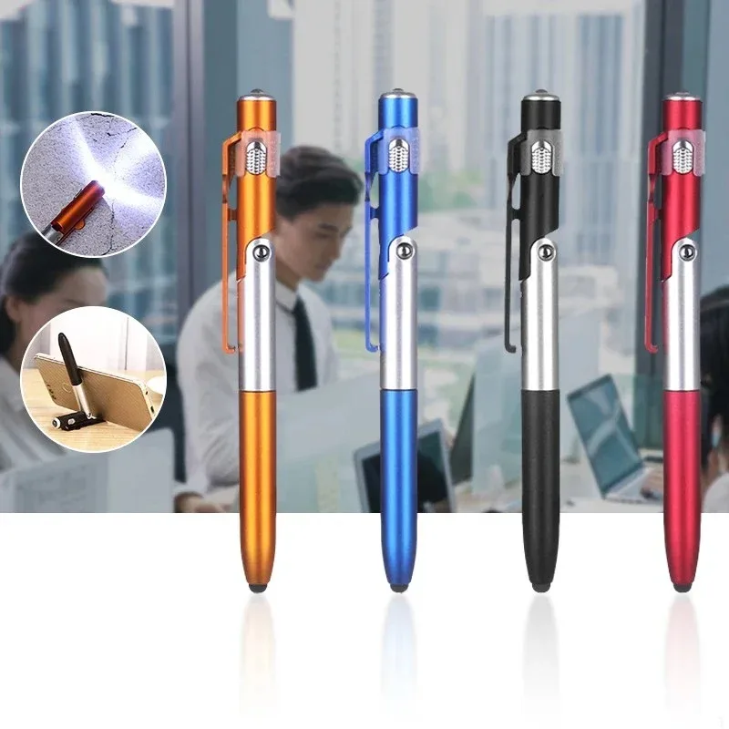 4 In 1 Multifunction Ballpoint Pen with LED Light Fold Phone Holder Night Read Writing Pencil Office School Student Stationery