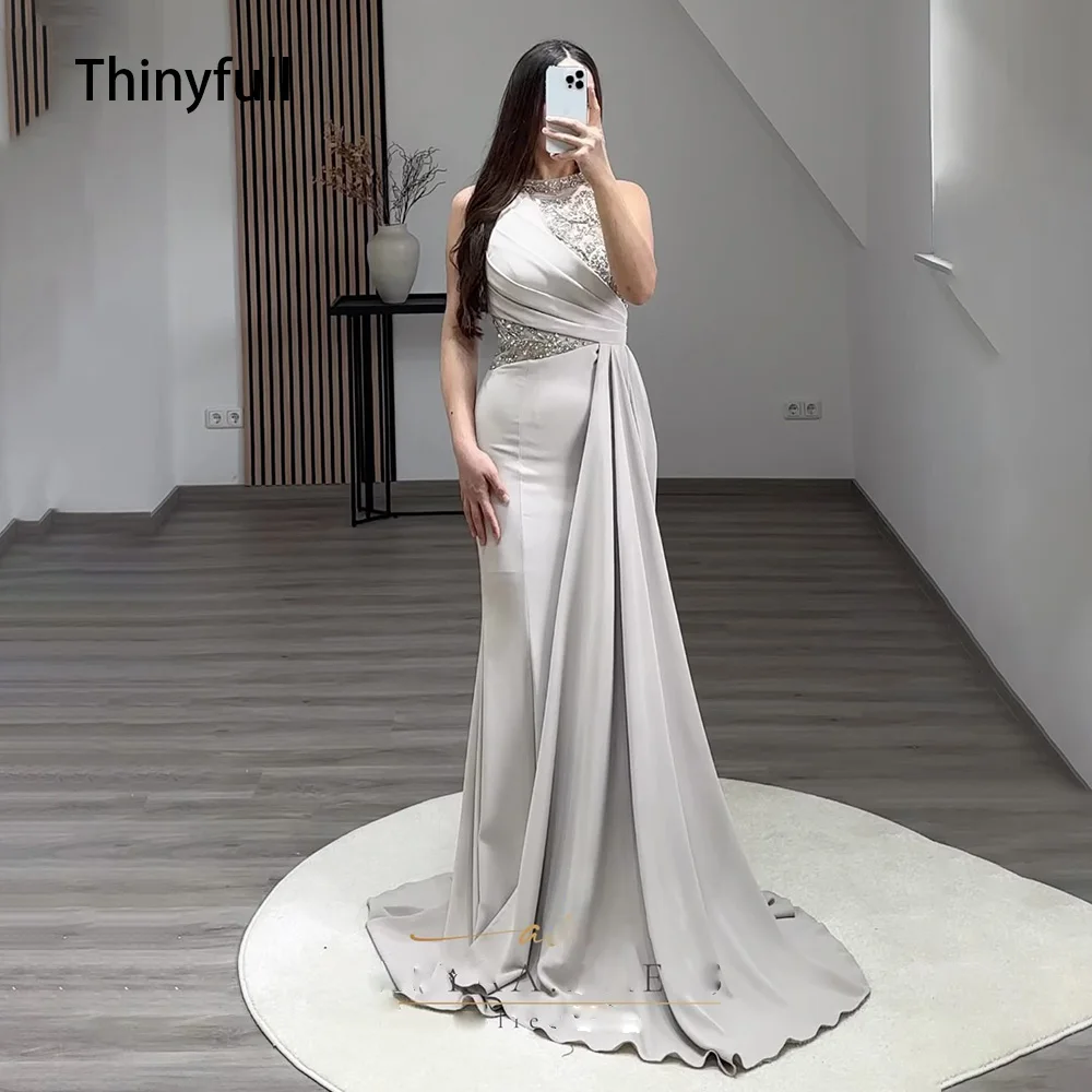 Thinyfull Grey Mermaid Evening Party Dress Beading Pleat Sleeveless Prom Gown Arabic Celebrity Dress Formal Occasion Dresses