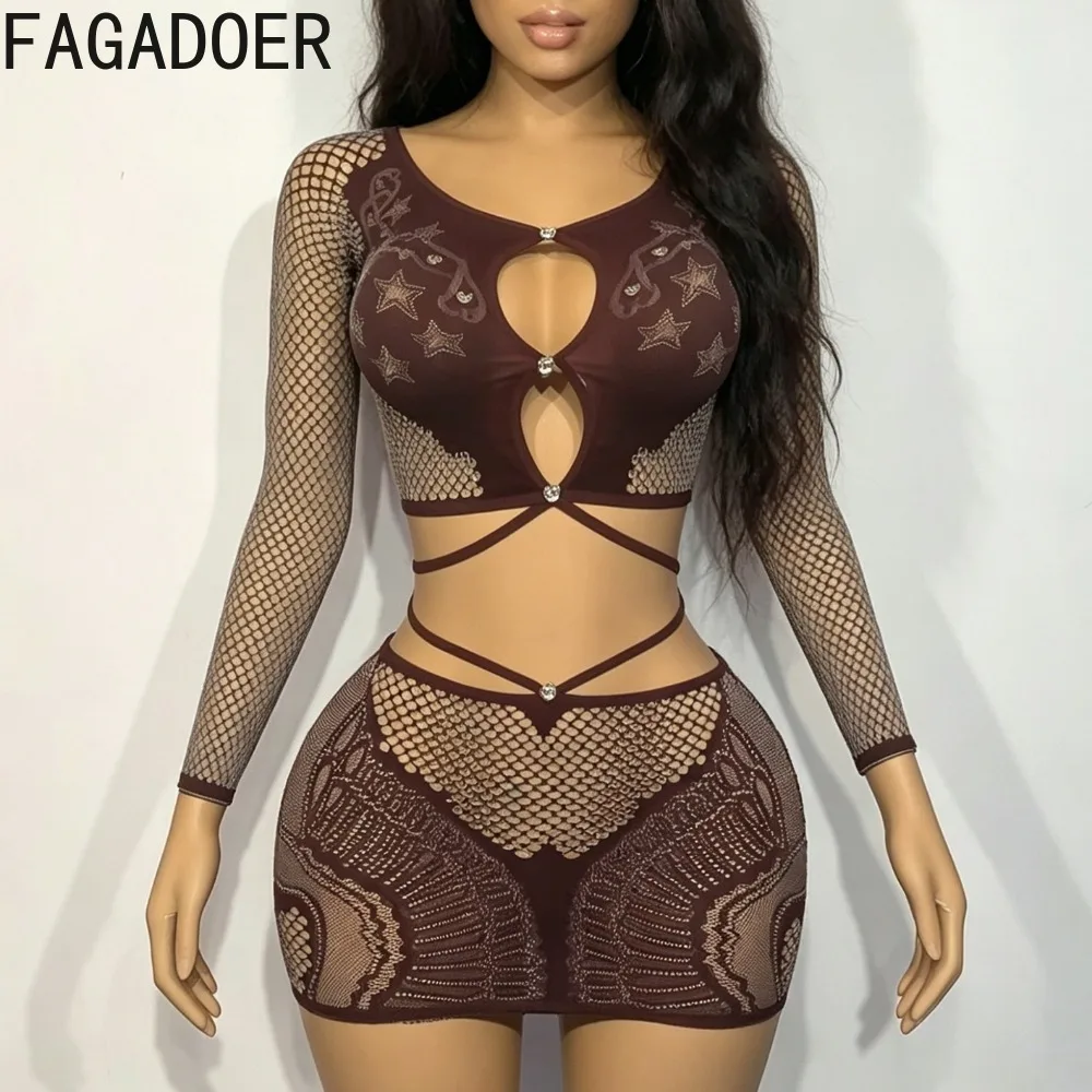 FAGADOER Sexy See Through Mini Skirt 2 Piece Sets Hot Girl Dark Brown Star Print Hollow Out Rhinestones Top Suits Summer Outfits