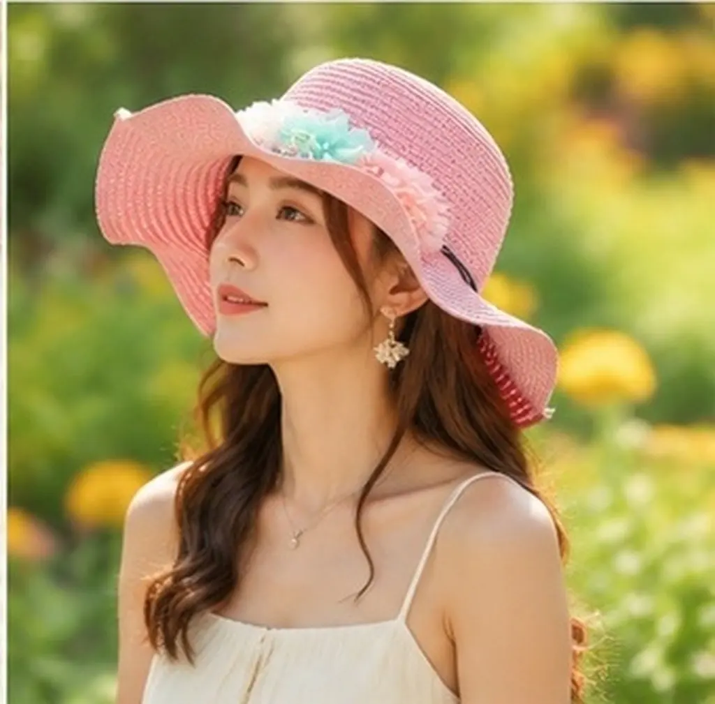 Pink Children's Foldable Straw Wide Brim Sun Protection Hat Decorative Flower Beach Cap Summer Outdoor Hat Sun Block Cap