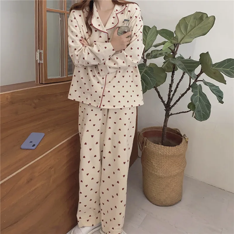 Heart Print Autumn Pajamas Set Women Single Breasted Shirts + Trousers Set Sleepwear Home Suit 100% Cotton Korean Sweet