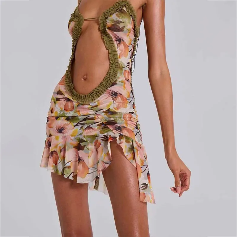 

2025 European and American hollow sexy printed thin shoulder strap mini dress for women, backless sleeveless slim fit women's be
